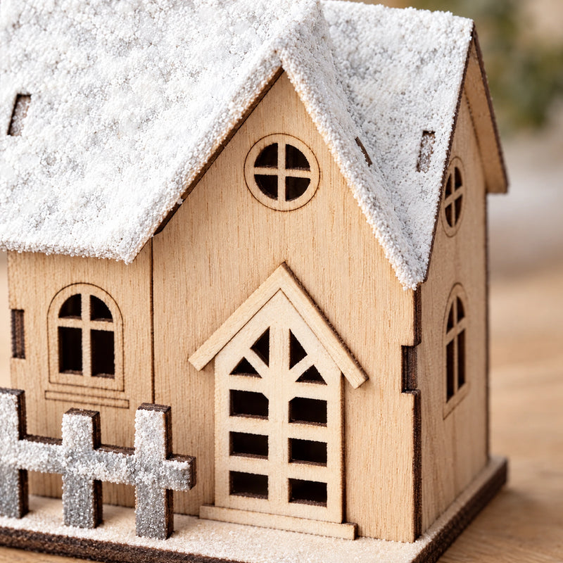 Christmas LED Light Wooden House – Snow-Flocked Wood Cabin Decoration
