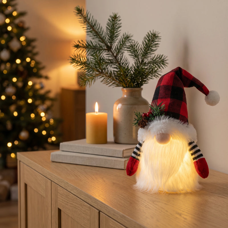 Plush Christmas Gnome Hanging Ornament with Warm LED Glow
