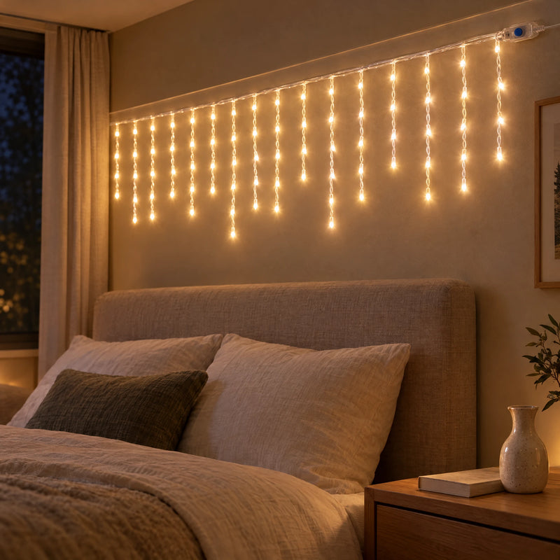 Icicle curtain lights lit above a linen headboard in a bedroom
