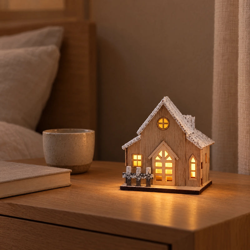 Christmas LED Light Wooden House – Snow-Flocked Wood Cabin Decoration
