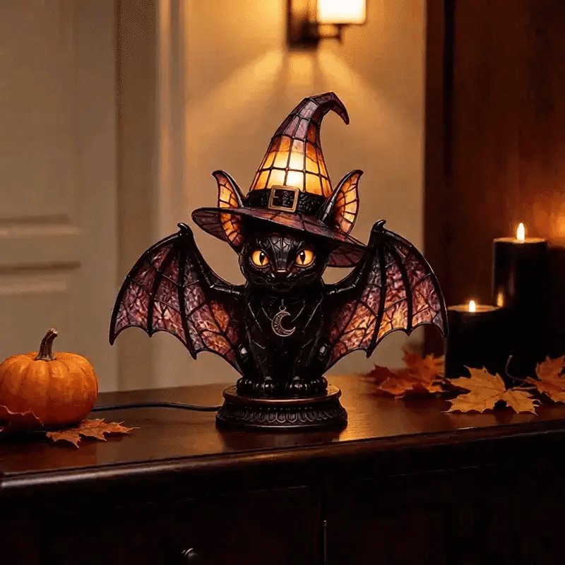 WitchLight™ Bat-Wing Cat Lamp - Gothic Halloween Stained Glass Accent Lamp