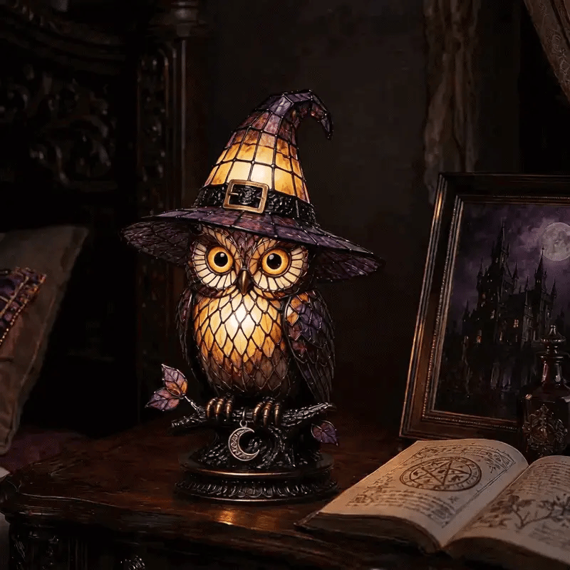 WitchLight™ Owl Lamp  Gothic Halloween Stained Glass Accent Lamp