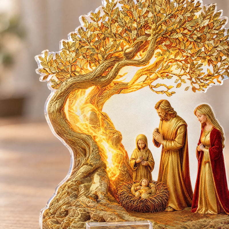 Flat Acrylic Christmas Nativity Scene – Holy Family Under an Olive Tree