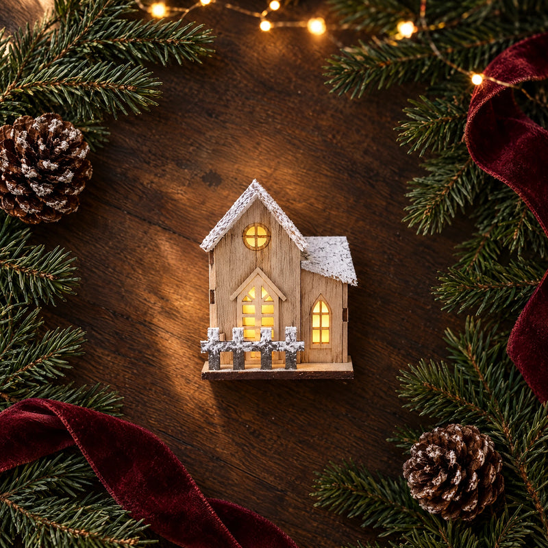Christmas LED Light Wooden House – Snow-Flocked Wood Cabin Decoration