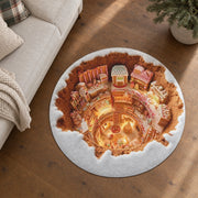 A 120 cm printed gingerbread village rug beside a sofa on a warm wood floor