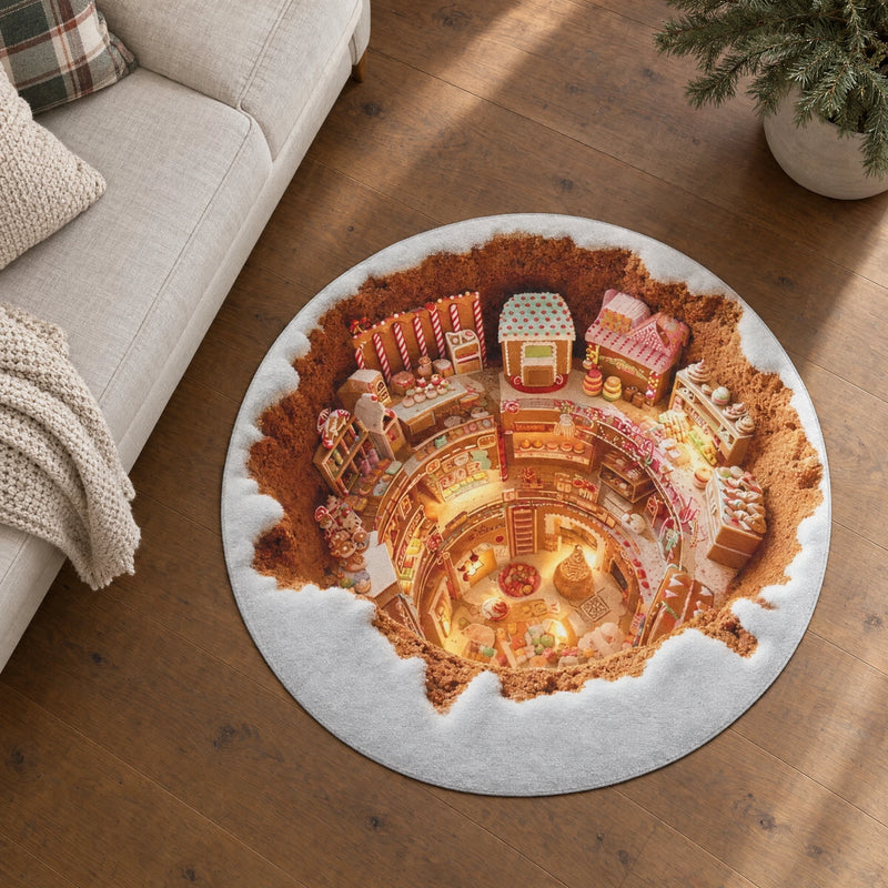 A 120 cm printed gingerbread village rug beside a sofa on a warm wood floor