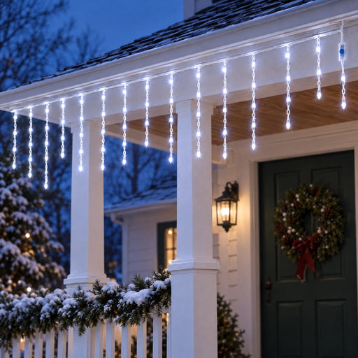 Icicle curtain lights along the eaves of a cottage porch at blue hour