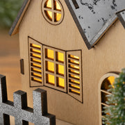Close-up of Style A six-pane window, narrow shutters, wood grain and dark panel joints