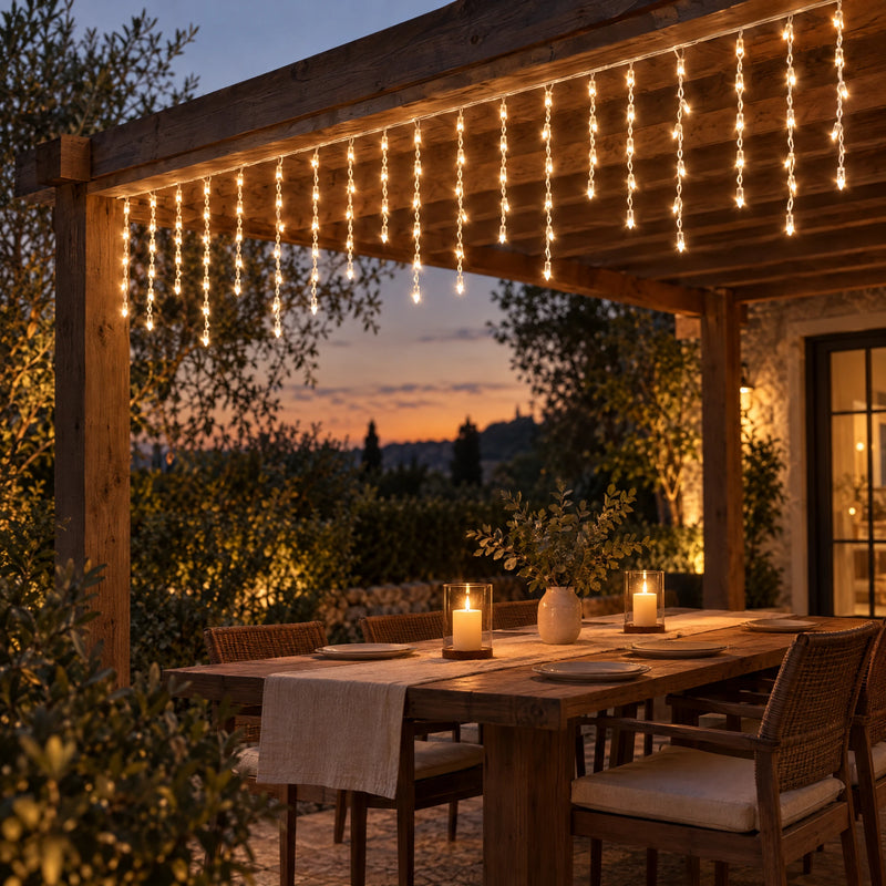 Icicle curtain lights hanging from a pergola above an outdoor table at dusk