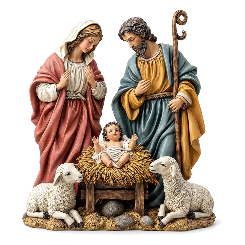 Nativity scene figurine in painted resin on a white background