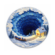 Color 5 night train and cottage printed round rug, 120 cm diameter, on a white background