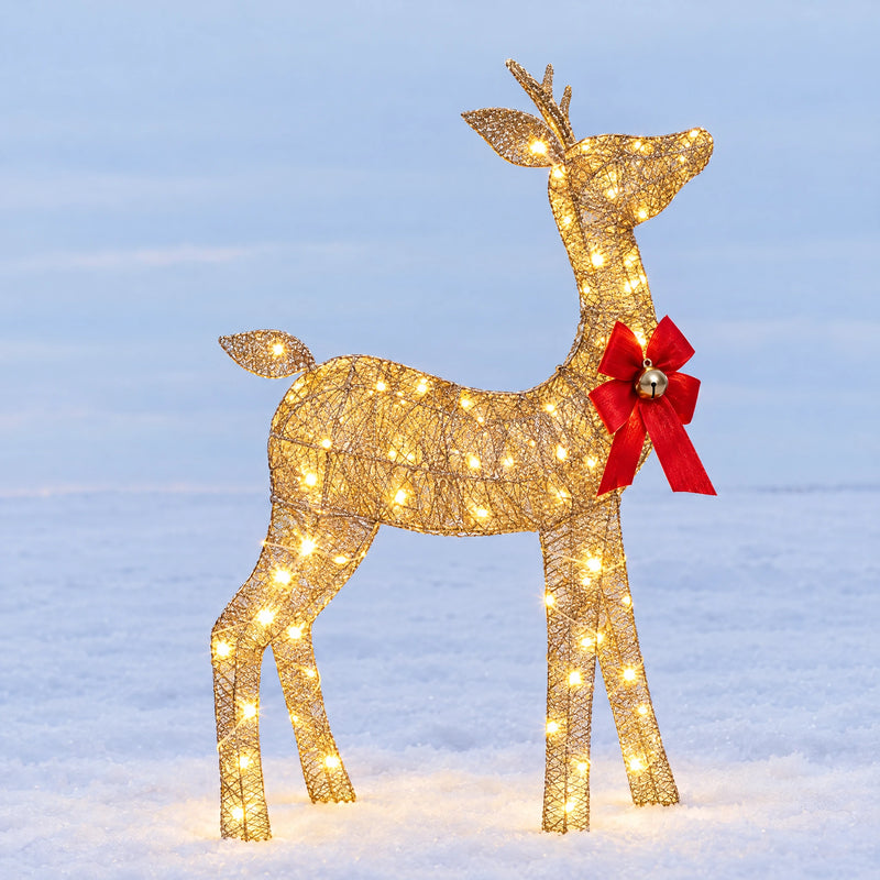 3 ft Lighted Christmas Reindeer — Gold Glitter Mesh, Pre-Lit