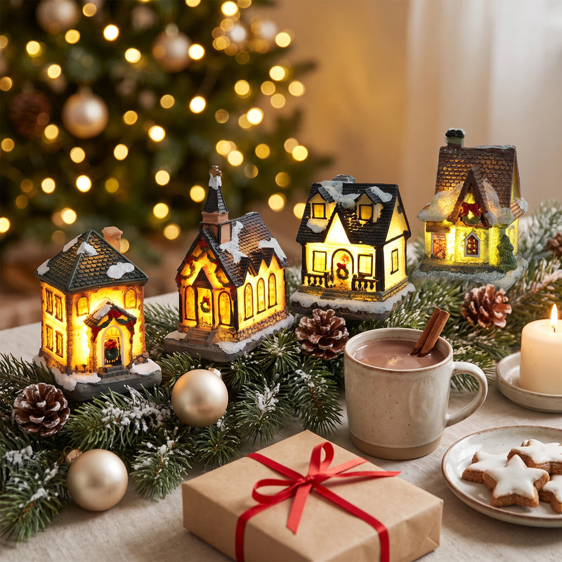 Christmas coffee table with several lighted village houses, fir garland, baubles, a mug of hot chocolate and a wrapped parcel