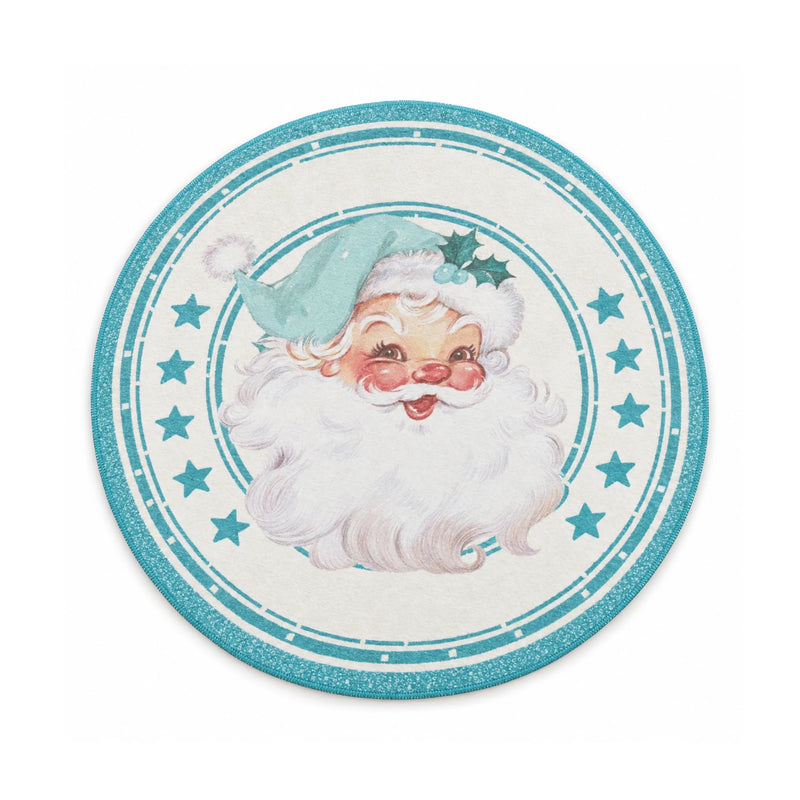 Color 2 mint Santa portrait and stars printed round rug, 80 cm diameter, on a white background