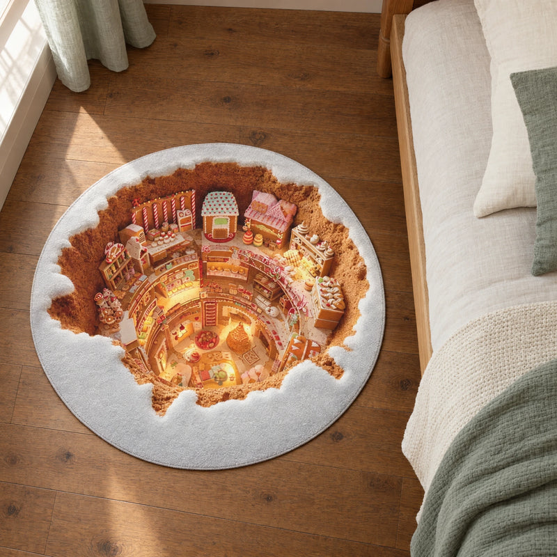 An 80 cm printed gingerbread village rug in a cream country cottage bedroom