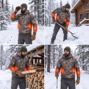 Four snowy winter lifestyle scenes of the same man wearing the camouflage hoodie: hunting outing, snow clearing, outdoor wood work and a winter walk; red-orange heating zones are illustrative.