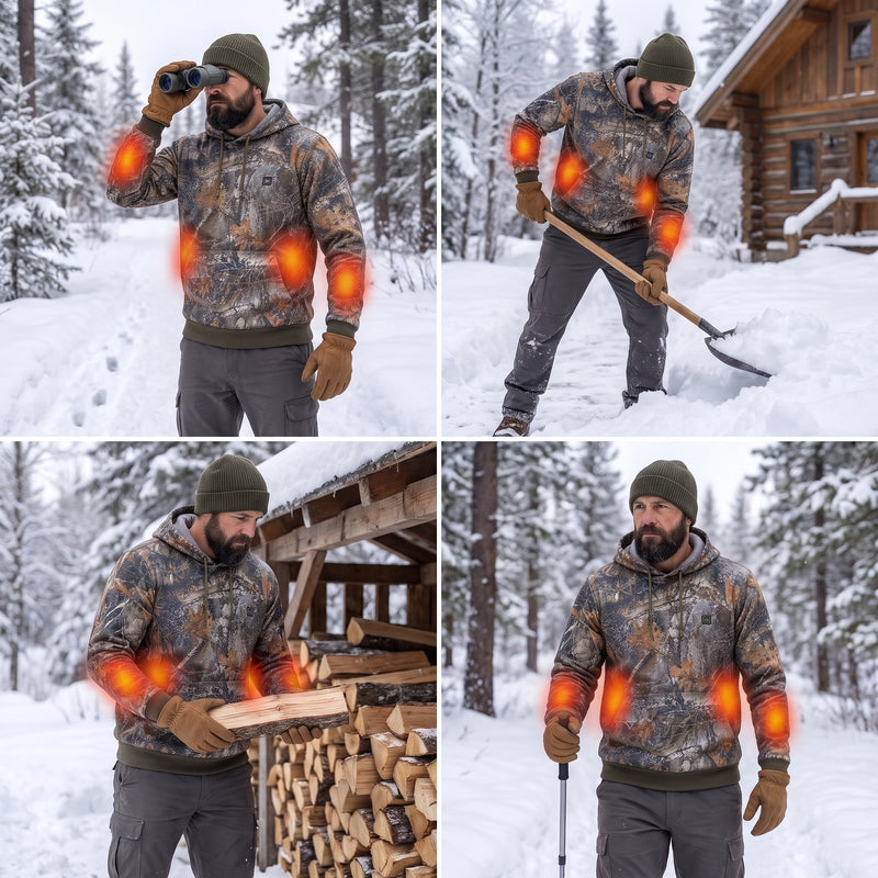 Four snowy winter lifestyle scenes of the same man wearing the camouflage hoodie: hunting outing, snow clearing, outdoor wood work and a winter walk; red-orange heating zones are illustrative.