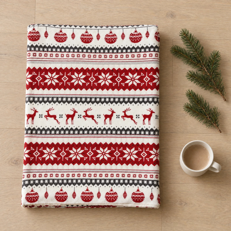 Folded fair isle Christmas throw on an oak floor beside fir sprigs and a white cup