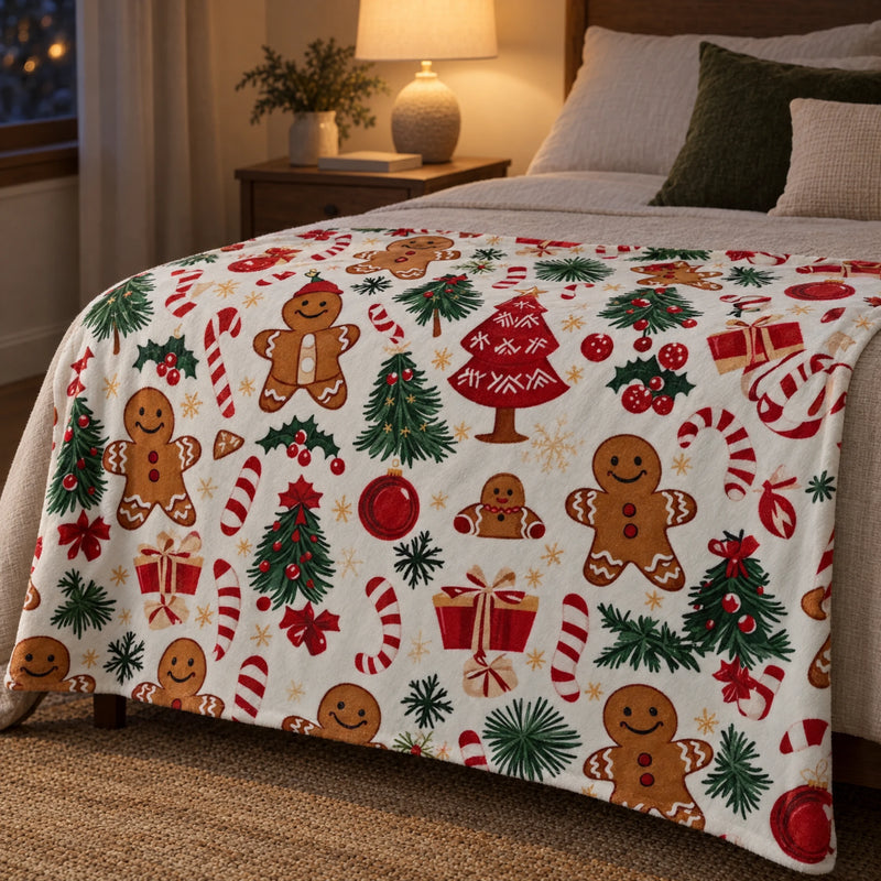 Gingerbread print Christmas throw at the foot of a bed in a bedroom lit by a warm bedside lamp