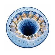 Color 4 snowy village ring printed round rug, 80 cm diameter, on a white background