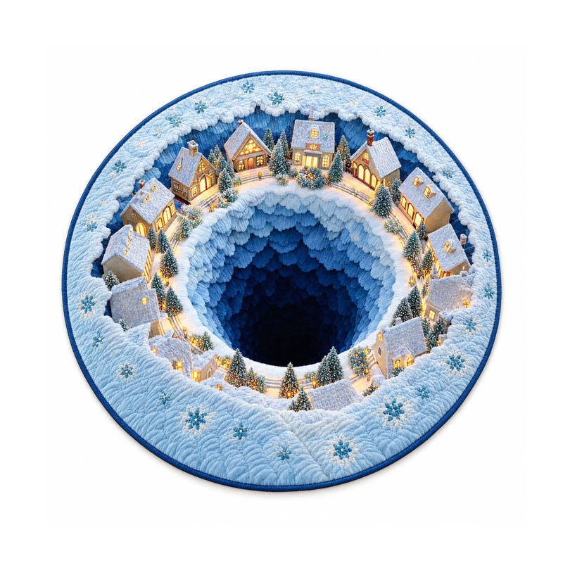 Color 4 snowy village ring printed round rug, 80 cm diameter, on a white background