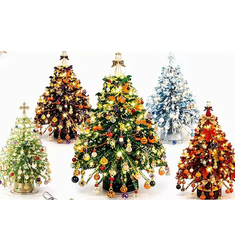 Five supplier-reference beaded holiday tree styles with their distinct bases