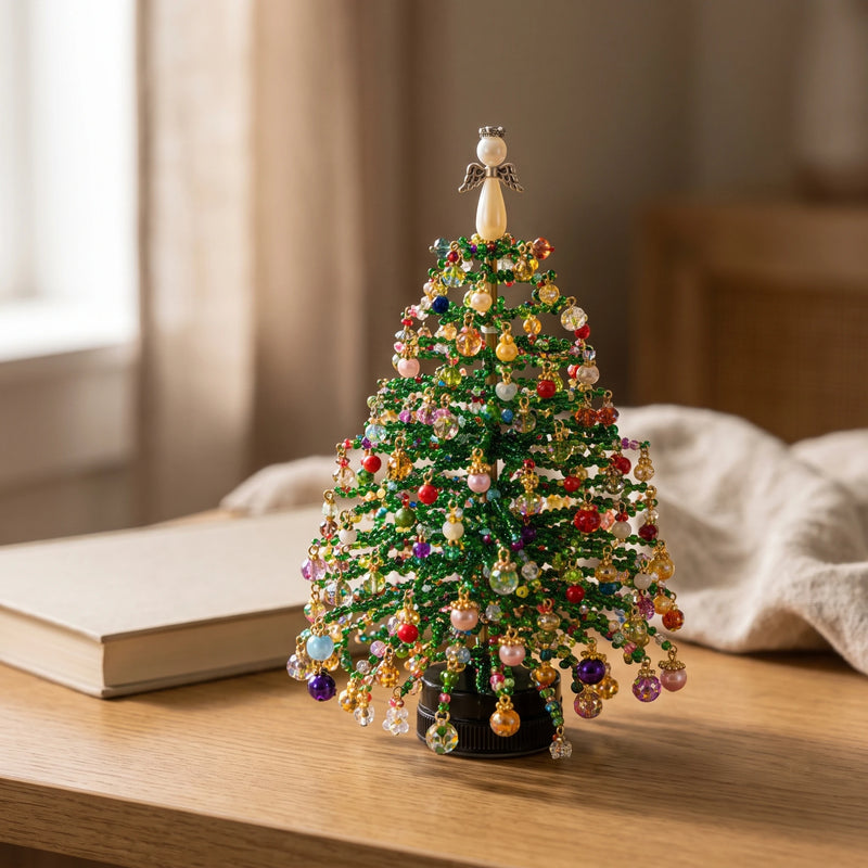 Colorful beaded holiday tree displayed in a warm home