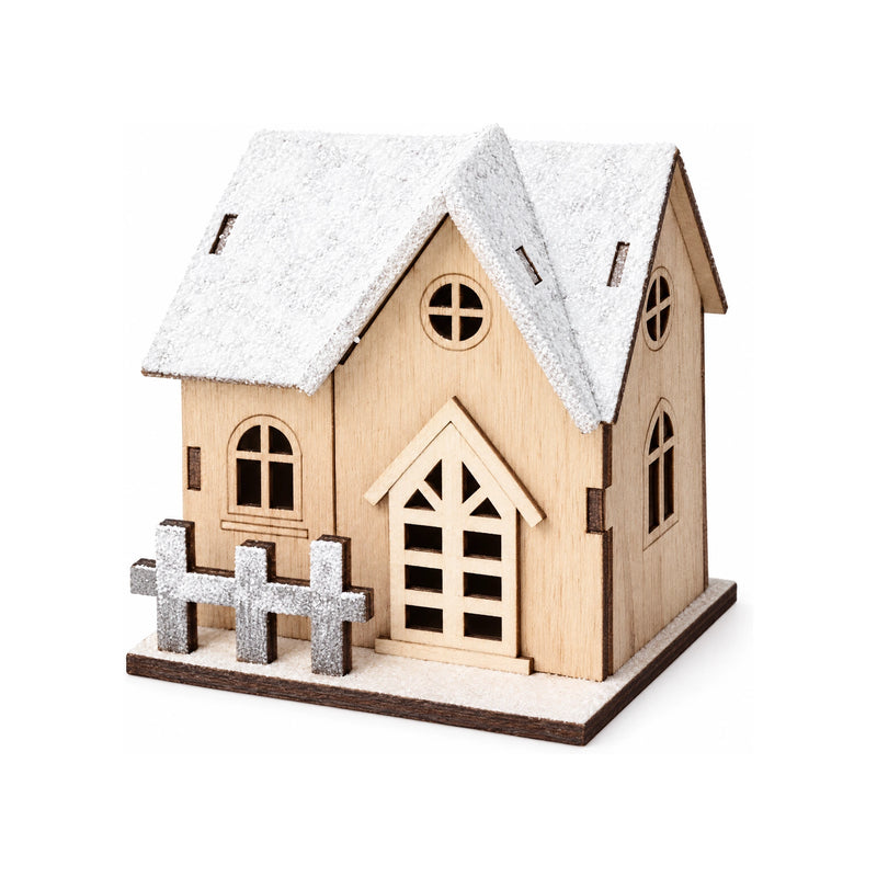 Christmas LED Light Wooden House – Snow-Flocked Wood Cabin Decoration