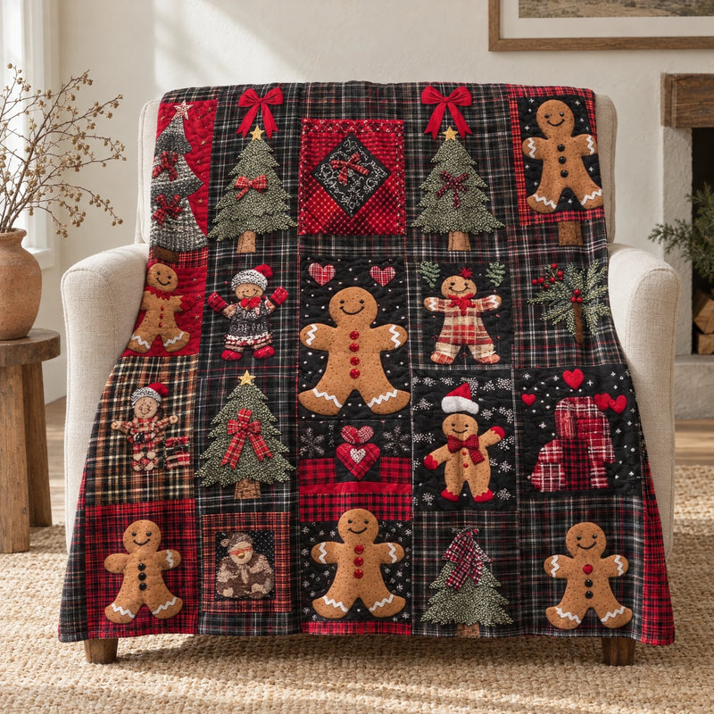 Tartan gingerbread Christmas throw blanket in dark plaid, draped over a linen armchair