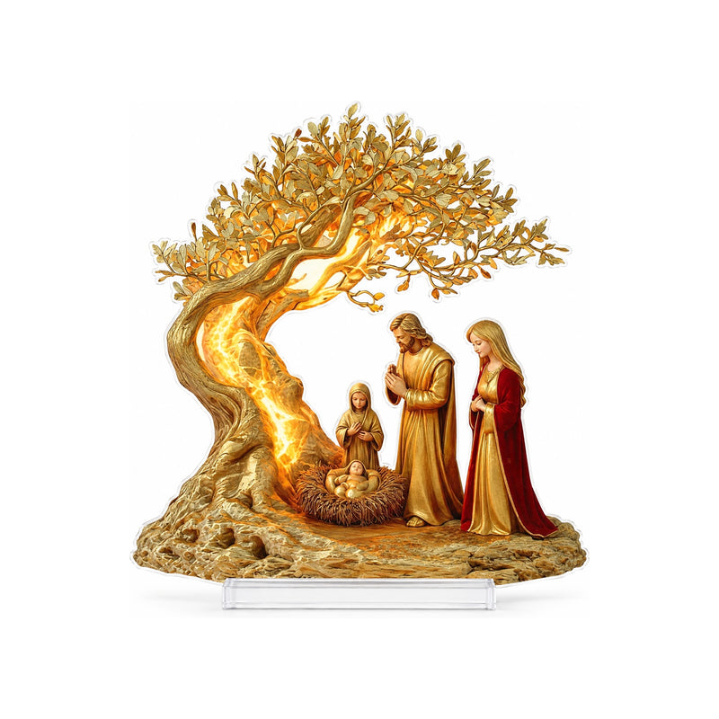 Flat Acrylic Christmas Nativity Scene – Holy Family Under an Olive Tree