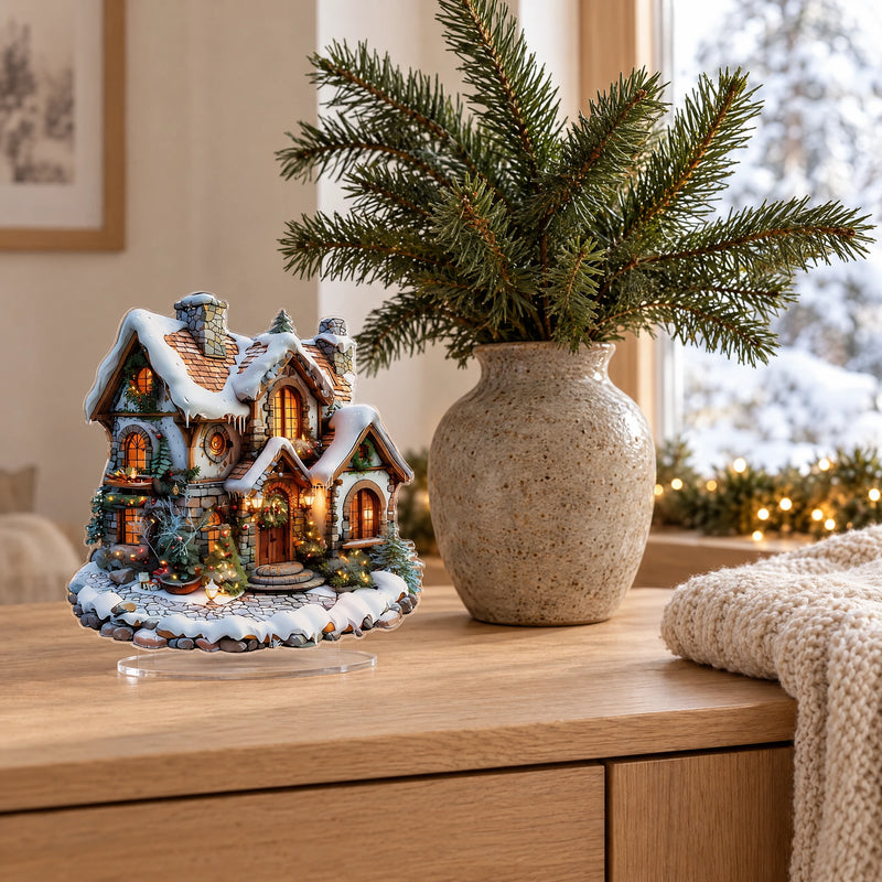Flat acrylic Christmas snowhouse decoration on a light oak sideboard with fir branches and snow outside
