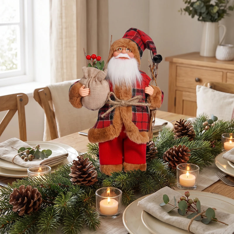 Plaid Santa figurine as a centerpiece on a Christmas dining table