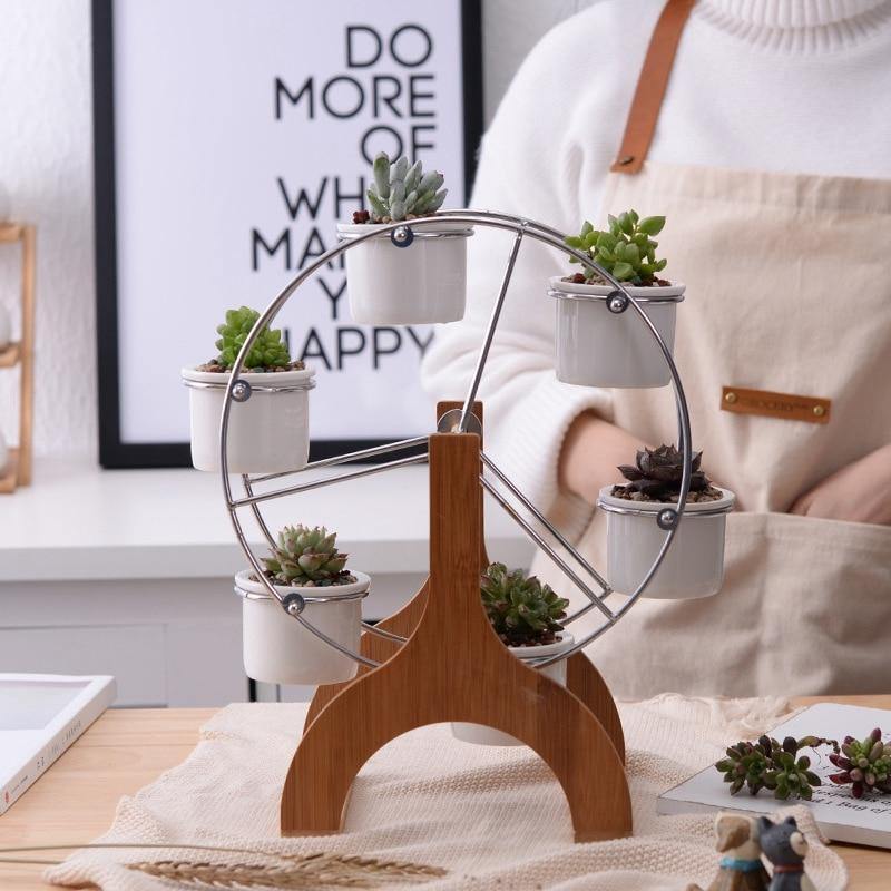 Wooden Carousel with Ceramic Succulent Planters