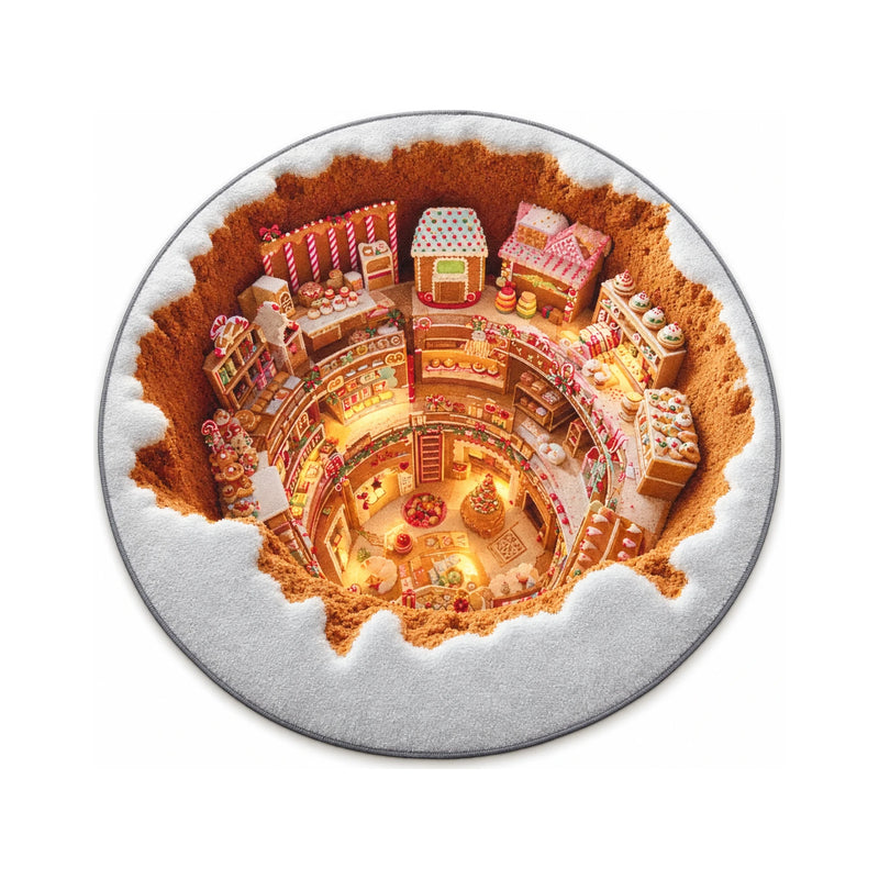 Color 5 gingerbread village print round rug, 80 cm diameter, on a white background