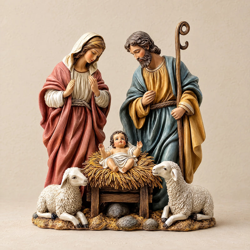 Nativity scene figurine in painted resin photographed on a warm off-white surface