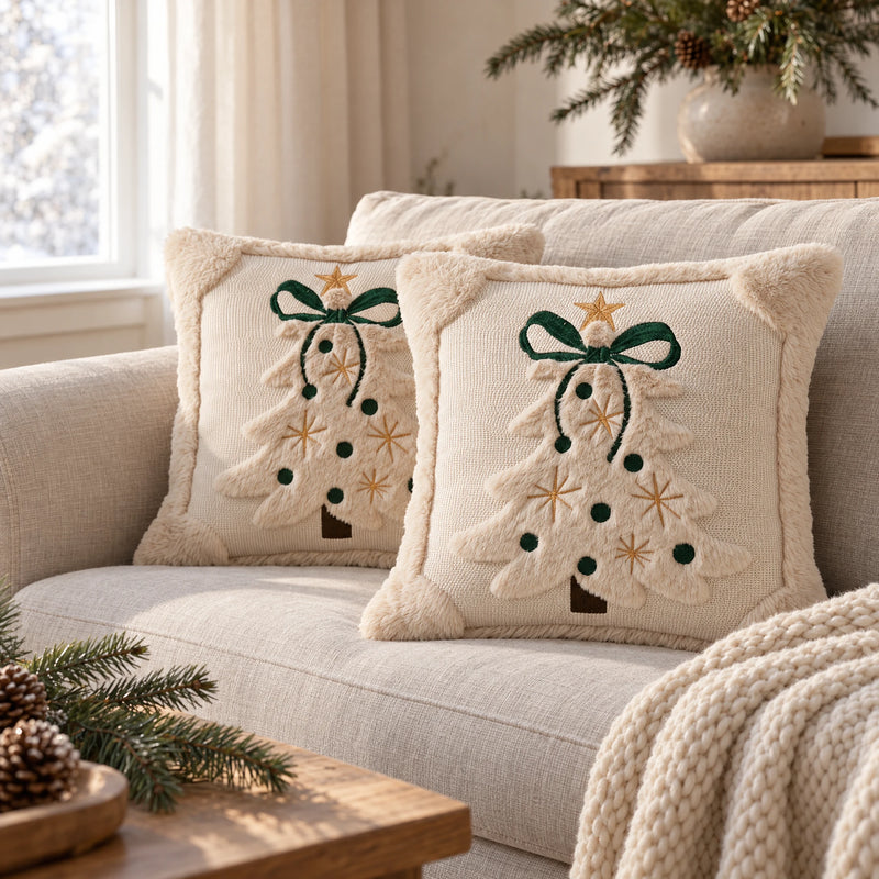 3D Christmas Tree Cushion Cover — Faux Plush Embroidered Tree, 18 in