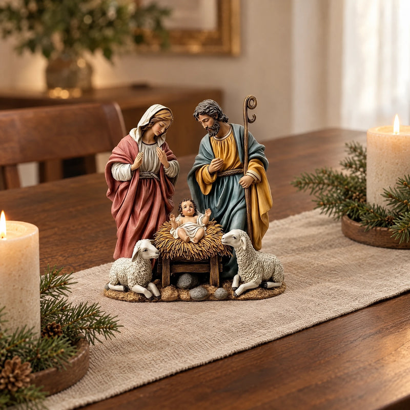Nativity scene figurine arranged as a festive table centrepiece