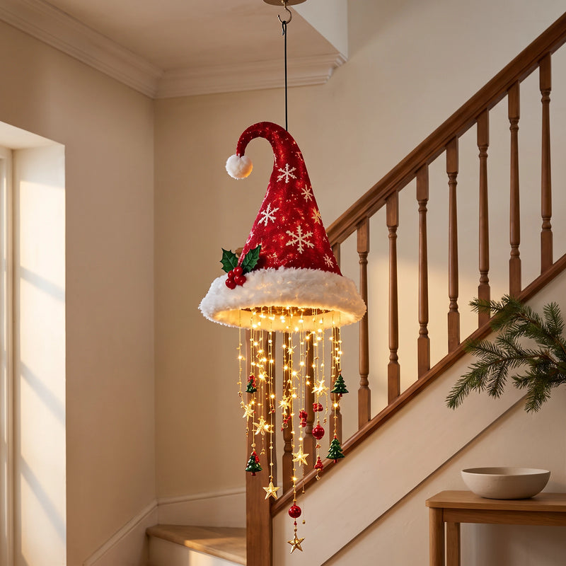Snowflake Santa hat hanging decoration beside a wooden staircase.