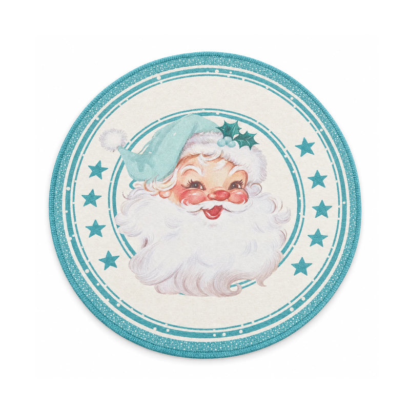 Color 2 mint Santa portrait and stars printed round rug, 120 cm diameter, on a white background