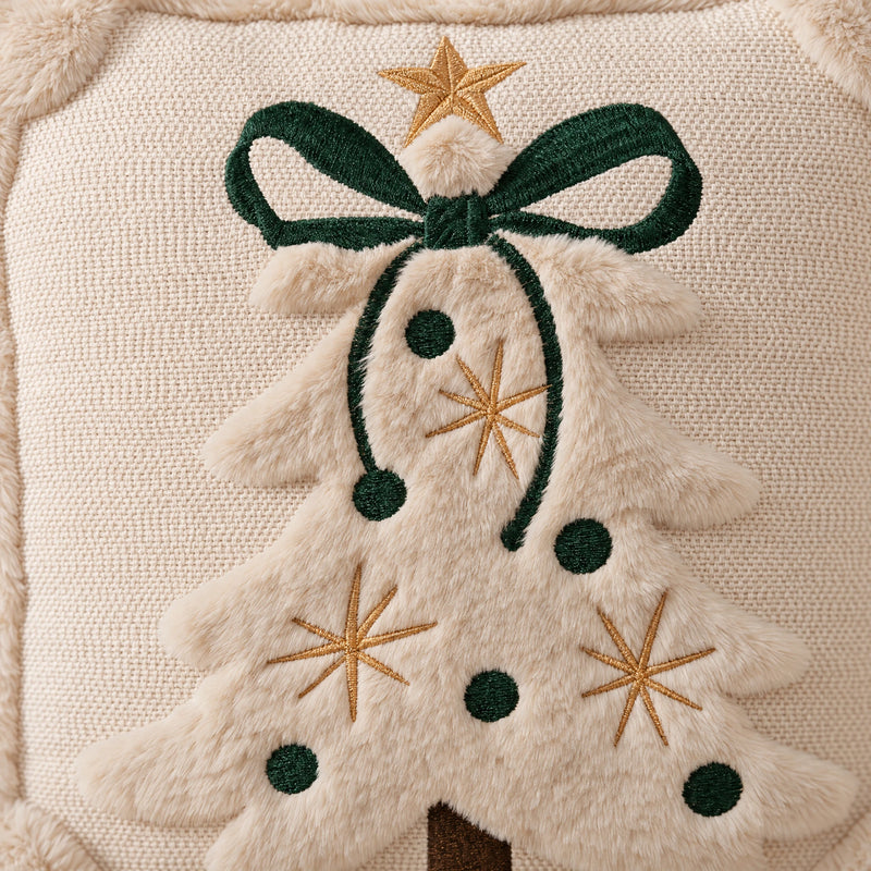 3D Christmas Tree Cushion Cover — Faux Plush Embroidered Tree, 18 in