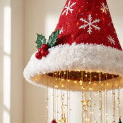 Close-up of the snowflake Santa hat, holly detail and textured white brim.