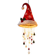 Snowflake Santa hat hanging decoration with warm LED strands on a white background; design supplied at random.