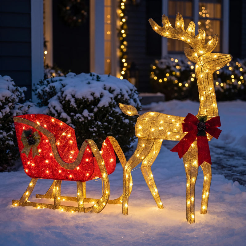 Lighted Christmas Reindeer & Santa Sleigh Set — 2-Piece, Pre-Lit