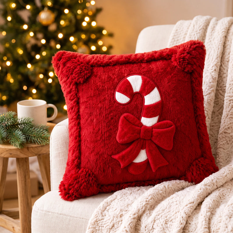 Red Christmas Cushion Cover 18x18 in, Candy Cane, Cover Only