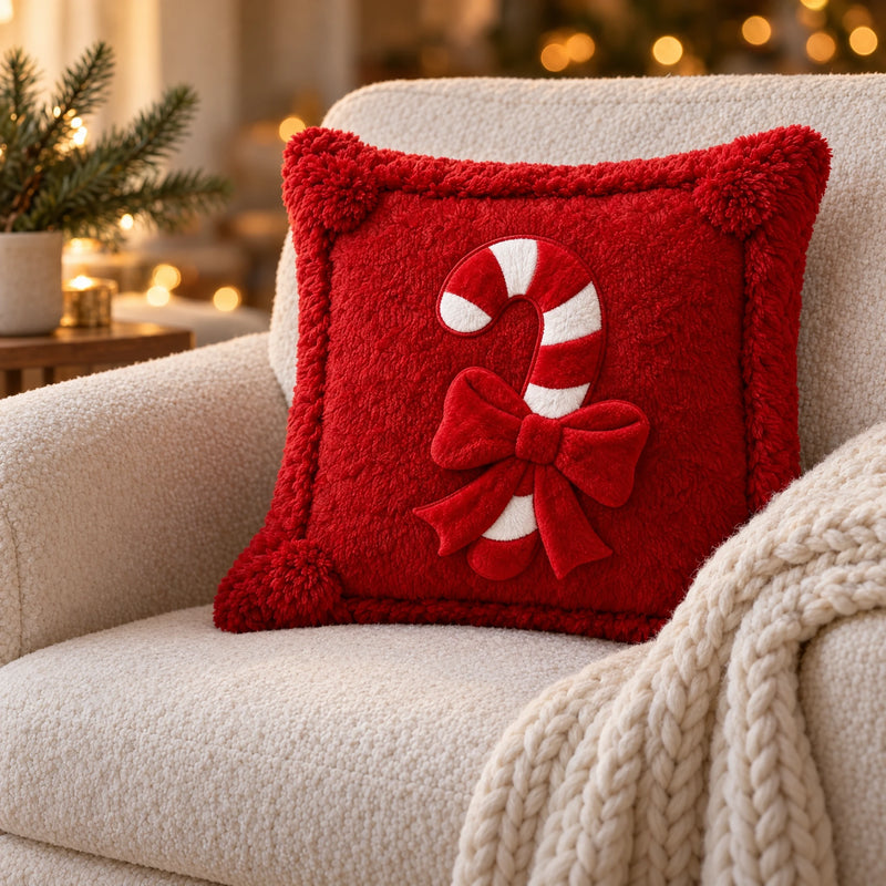 Red Christmas Cushion Cover 18x18 in, Candy Cane, Cover Only