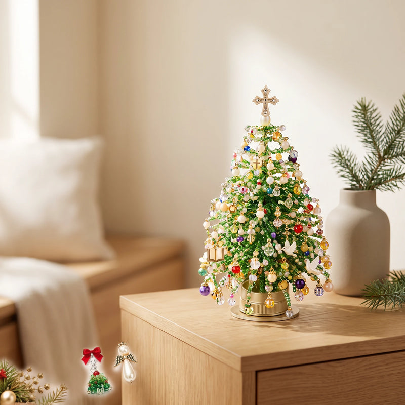 Pale beaded holiday tree with a cross-shaped top on a side table