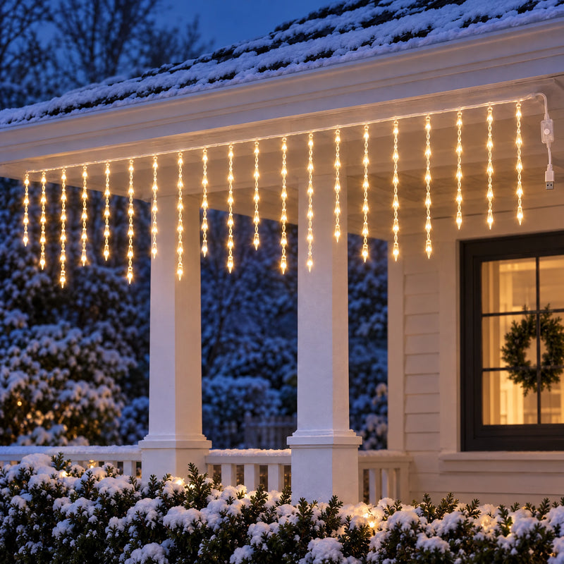 Icicle curtain lights glowing warm gold under the porch eaves of a snowy cottage at dusk