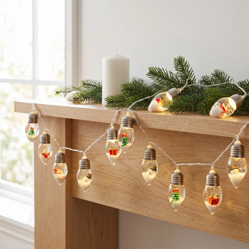 Warm white Christmas bulb string lights draped along a light oak mantelpiece with fir branches