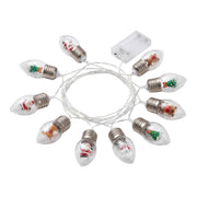 Snow globe Christmas bulb string lights with a battery box, coiled on a pure white background