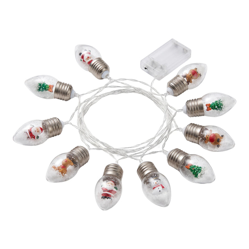 Snow globe Christmas bulb string lights with a battery box, coiled on a pure white background